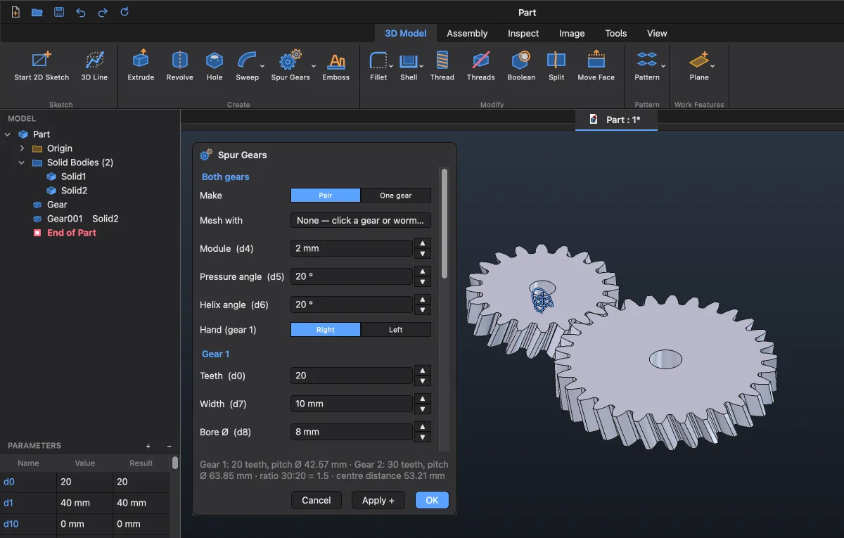 Spur Gears डायलॉग और आपस में फँसी हेलिकल गियर जोड़ी