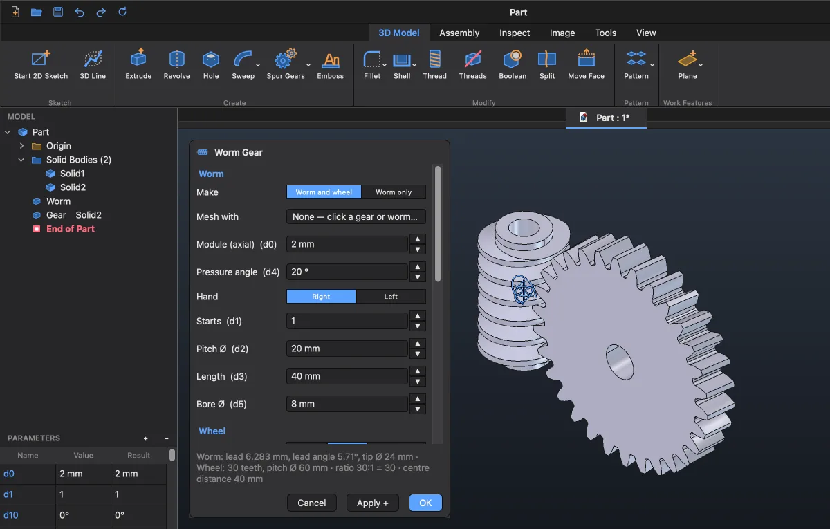Worm Gear डायलॉग, वर्म और उसके व्हील के साथ