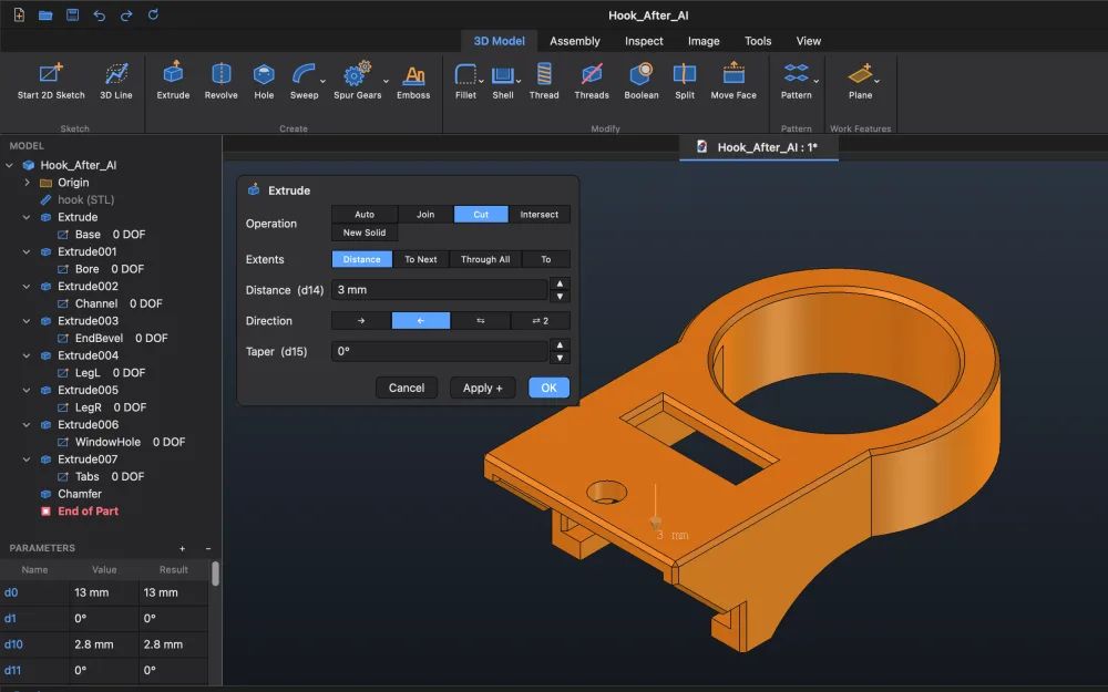 पार्ट पर प्रीव्यू के साथ Extrude डायलॉग